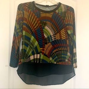 Multicolor Plaid Top by Sunny Taylor, Size PM with sheer black border.
